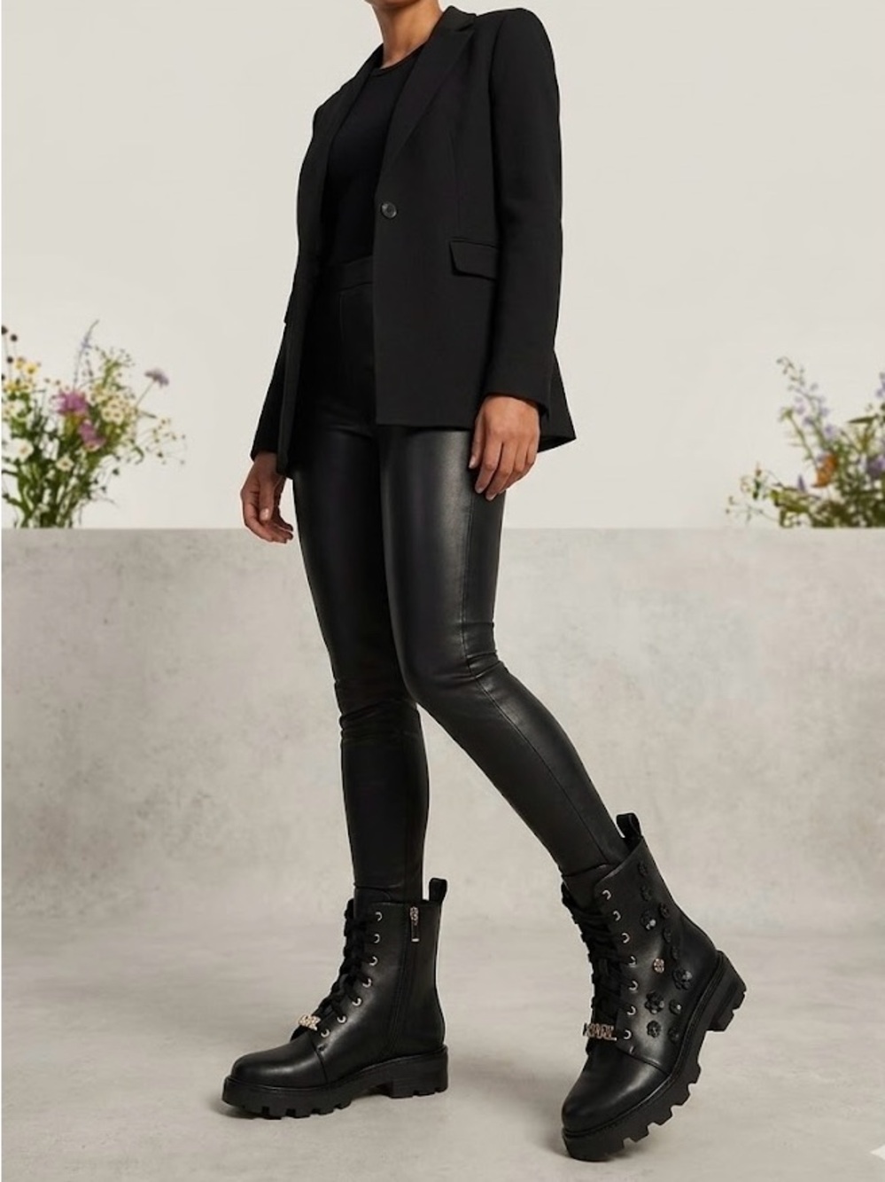 Karl Lagerfeld Paris Mela Fleur Black Floral Combat Boots w Gold Accents US 9.5 - Picture 2 of 14